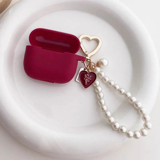 Wine Red Silicone AirPods Case With Sweet Vintage Rose Pearl Keychain